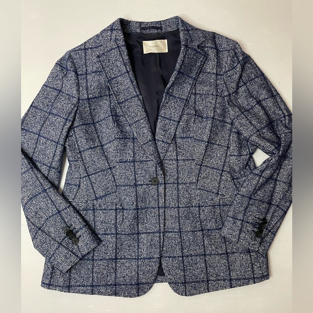 SUISTUDIO • Cameron Single Breasted Wool Blend Blazer Blue Check Size 46R US 18